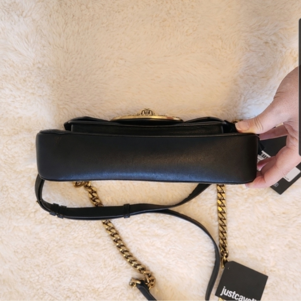 NWT Just Cavalli Black Tiger Head Plaque Convertible Crossbody Clutch Gold Chain - Picture 9 of 16
